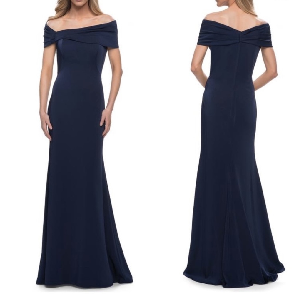 La Femme NEW Off The Shoulder Navy Blue Gown Trumpet Skirt 29537 Size 10 - Picture 3 of 5